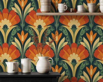 Retro Floral Wallpaper, Colorful Peel and Stick Wall Art, Orange Removable Wallpaper, Botanical Wall Decor, Home Wallpaper, Gift for Home