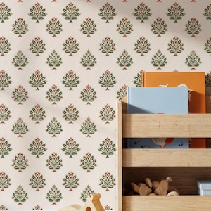 Cream Botanical Peel and Stick Wallpaper – Floral Indian Block Print, Removable Mural for Home Décor, Perfect Gift Idea