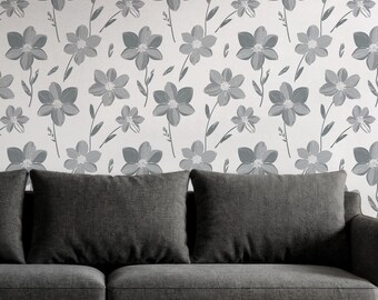 Papel pintado floral gris, mural botánico minimalista para pared, decoración moderna para sala de estar.