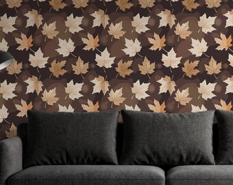 Papel pintado infantil con hojas de arce marrones, mural de pared de bosque otoñal, diseño acogedor de naturaleza para la habitación del bebé.