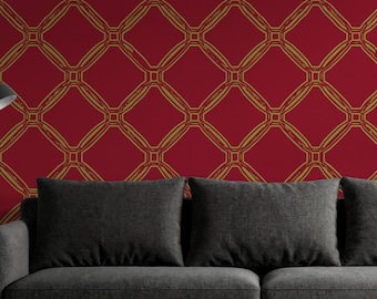 Carta da parati con motivo geometrico bordeaux e oro, lussuosa e moderna carta da parati per soggiorno o ufficio, elegante design staccabile e attaccabile.