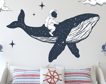 Astronaut Flies Into The Sky With a Blue Whale, Astronaut Riding a Blue Whale, Blue Whale Wall Decal, Nursery Wall Decal, Sky Wall Decal