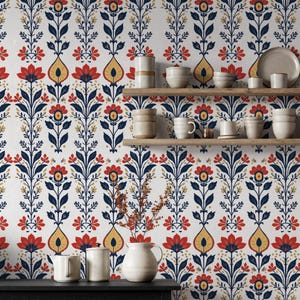 Papel de Parede Autoadesivo Floral Folk, Mural de Parede com Flores Escandinavas, Papel de Parede Botânico Azul e Vermelho, Decoração de Parede Boho, Presente para Casa