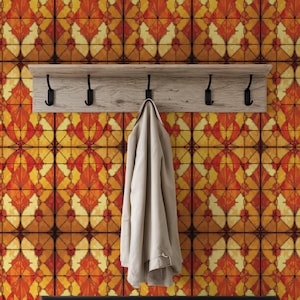 Orange Yellow Stained Glass Wallpaper, Geometric Tile Peel and Stick Mural, Retro Removable Wall Art, Bold Pattern Wallpaper, Gift for Home