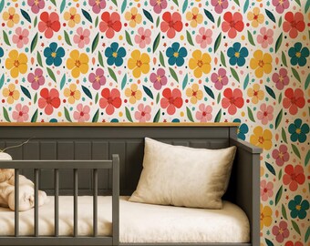 Papel tapiz floral divertido para niños, mural con estampado de flores coloridas, decoración de pared autoadhesiva para guardería y sala de juegos, diseño alegre para habitación infantil.