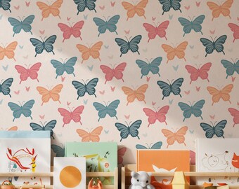 Papel pintado infantil con estampado de mariposas rosas y azules, mural divertido para la habitación de niñas
