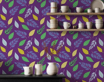 Papel pintado infantil con estampado de hojas coloridas, mural para sala de juegos de color púrpura inspirado en la naturaleza (autoadhesivo).