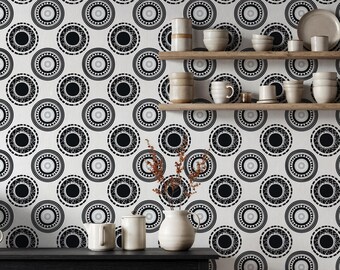 Papel tapiz geométrico en blanco y negro, mural de pared con patrón circular moderno, diseño abstracto minimalista para entrada, pasillo o sala de estar.