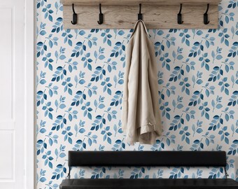 Mural de papel pintado con hojas en acuarela botánica azul, diseño moderno de pared para habitación infantil con temática de naturaleza.