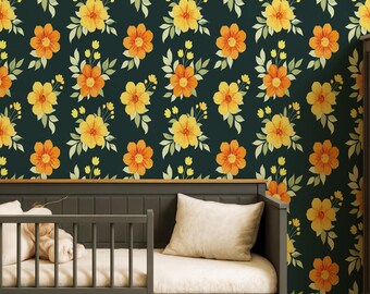 Papel pintado floral retro amarillo y naranja, mural botánico vintage, estampado llamativo.