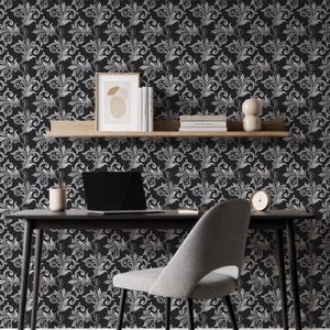 Black Baroque Scroll Wallpaper, Elegant Damask Wall Mural, Peel and Stick or Glue Option, Classic Design for Office or Study Accent Wall