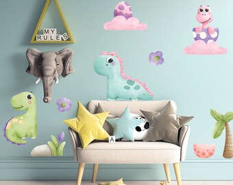 Vinilos decorativos de dinosaurios bebés en acuarela para pared, decoración de habitaciones infantiles y guarderías.