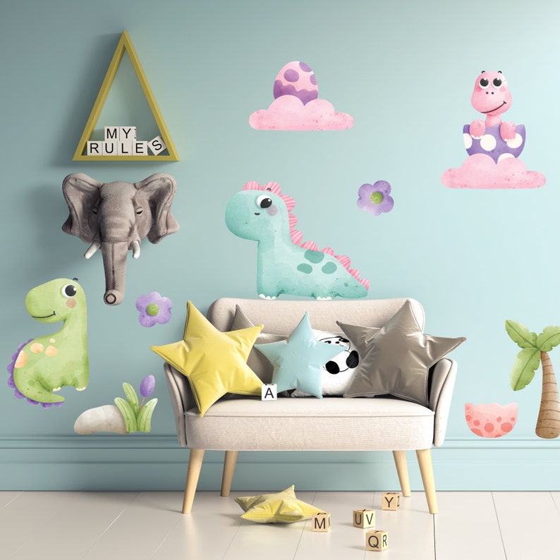 Watercolor Baby Dinosaur Wall Decal, Kids Room Decal, Nursery Decal