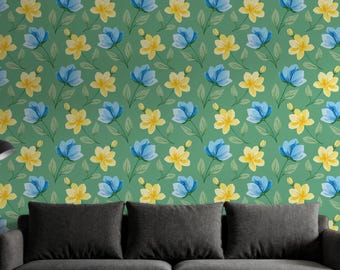 Papel tapiz infantil con flores azules y amarillas, divertido mural botánico, diseño alegre inspirado en la naturaleza para habitación infantil o sala de juegos.