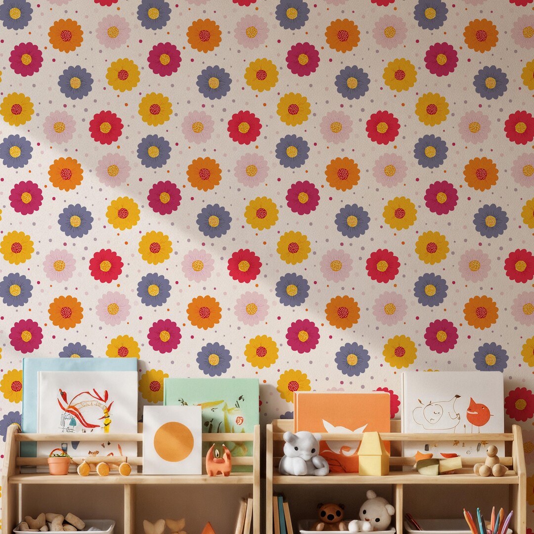 Colorful Floral Wallpaper, Bright and Cheerful Flower Mural, Fun Kids