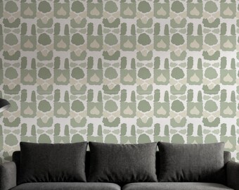 Green Botanical Abstract Wallpaper, Modern Minimal Peel and Stick Wall Mural, Removable Organic Pattern Decor for Kitchen or Living Room
