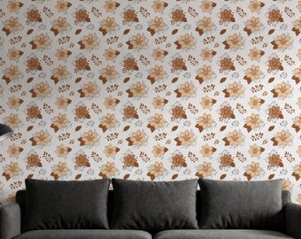 Neutraal bloemen behang, boho bruine en beige bloem muurschildering, vintage bloemen muurdecoratie voor woonkamer, slaapkamer, kantoor
