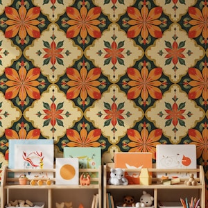 Orange Green Tile Wallpaper, Retro Floral Peel and Stick Mural, Botanical Wall Decor, Removable Geometric Pattern Wallpaper, Gift for Home