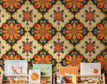 Orange Green Tile Wallpaper, Retro Floral Peel and Stick Mural, Botanical Wall Decor, Removable Geometric Pattern Wallpaper, Gift for Home