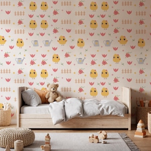 Spring Chick Wallpaper For Nursery Or Kids Room, Peel And Stick Floral Mural, Removable Garden Wall Decor With Cute Flowers And Birds