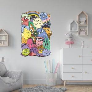 Doodle Monsters Wall Decal, Kids Room Vinyl Wall Art, Cute Monster Wall Sticker, Nursery Wall Decals, Children&#39;s Room Decor, Doodle Wall Art