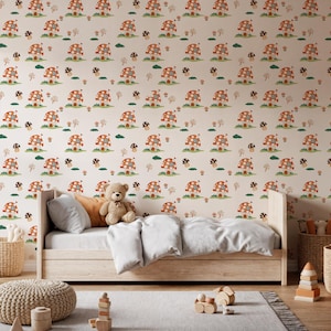 Fairy Mushroom Wallpaper, Enchanted Forest Nursery Decor, Woodland Kids Room Wall Art, Peel and Stick, Non-Adhesive, Removable