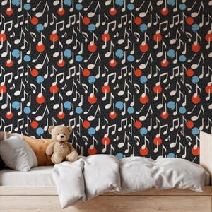 Music Notes Wallpaper, Black Peel and Stick Wall Mural, Fun Kids Room Decor, Colorful Music Theme, Removable Playroom Wall Art