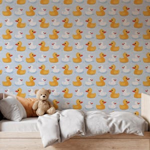 Rubber Duck Kids Wallpaper, Yellow White Duck Mural, Playroom Wall Decor, Nursery Peel and Stick, Baby Room Cute Bath Time Wall Art