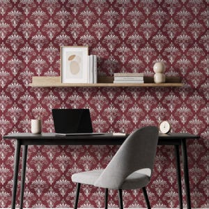 Burgundy Damask Wallpaper, Elegant Silver Baroque Wall Mural, Peel and Stick or Glue Option, Classic Pattern for Office or Study Decor