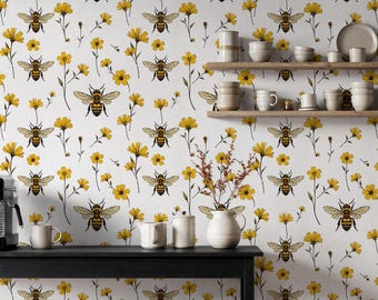 Bee Wallpaper, Yellow Floral Peel and Stick Wall Mural, Nature Inspired Removable Design, Kitchen Cafe Decor, Kids Room Accent
