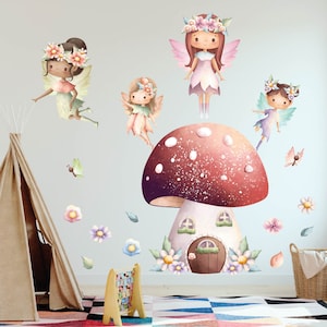 4 Fairies Living in a Mushroom House Wall Decal | Kids Room Decor, Dollhouse Wall Sticker, Woodland Vinyl, Whimsical Fairy Wall Art