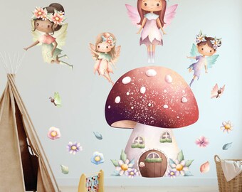 Sticker mural 4 fées vivant dans une maison champignon | Décoration de chambre d'enfant, sticker mural maison de poupée, vinyle des bois, art mural fée fantaisiste