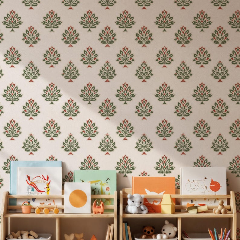 Cream Botanical Wallpaper, Green Red Floral Peel and Stick Wall Art, Indian Block Print Removable Wallpaper, Botanical Mural, Gift for Home image 9