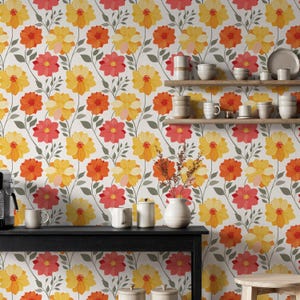 Colorful Floral Wallpaper, Yellow Red Orange Flowers Wall Mural, Peel and Stick or Non-Adhesive, Bright Botanical Pattern for Kitchen Decor