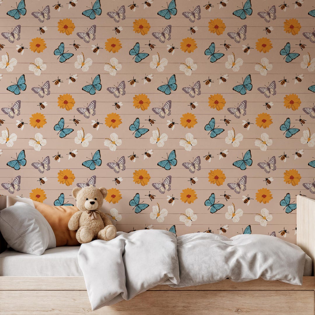 Butterfly Peel and Stick Wallpaper, Floral Wood Pattern, Kids Room ...