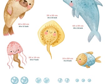 Autocollant Mural Animaux Marins - Algues, Méduses, Bulles Pour Salle De Bain Ou Chambre Enfant