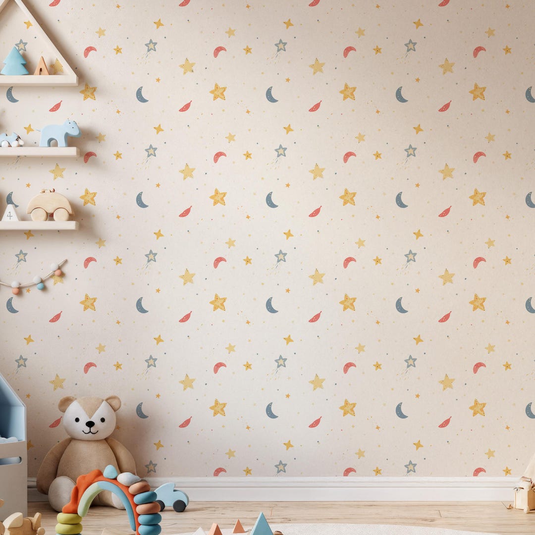 Moon and Stars Kids Wallpaper, Cute Celestial Wall Mural for Nursery ...