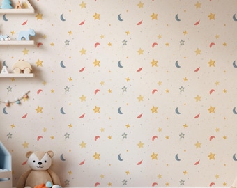 Moon and Stars Kids Wallpaper, Cute Celestial Wall Mural for Nursery, Removable Peel and Stick Space Decor, Gender Neutral Room Design