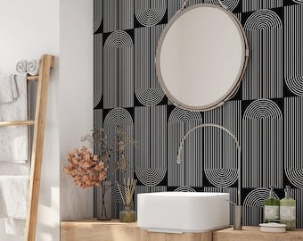 Geometric Line Wallpaper | Modern Black And White Wall Mural | Custom Size Peel & Stick Removable Wall Decal | Office and Home Decor