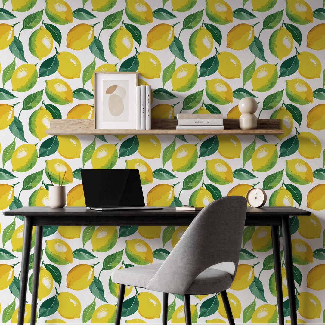 Yellow Lemon and Leaf Wallpaper, Fresh Fruit Wall Mural, Peel and Stick ...