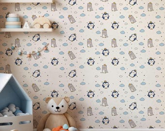 Papel pintado de pingüinos, papel pintado infantil removible, decoración infantil adorable, vinilo decorativo de pingüinos para pared, estampado de pingüinos divertido, decoración para habitaciones infantiles