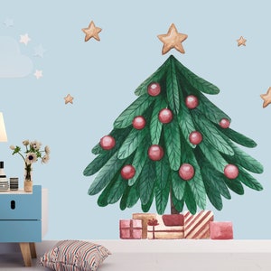 Christmas Tree Wall Sticker 110x85cm, 10Pc Set, Stars - Stocking Decor, Noel Wall Decal for Windows & Walls, Holiday Christmas Wall Art