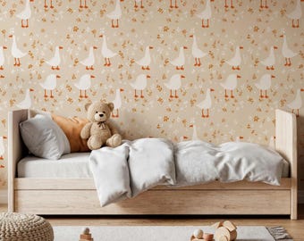 Gänse Tapete, Abnehmbare Tapete vom Bauernhaus, niedliches Kinderzimmer Dekor, Gänse Wandtattoo, Tiermuster, Kinderzimmer Verspielte Dekoration