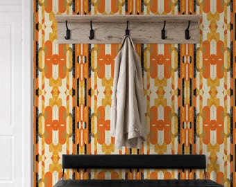 Retro Geometric Wallpaper, Orange Mid Century Modern Wall Mural, Peel and Stick Entryway Accent, Bold Abstract Pattern Wallcover