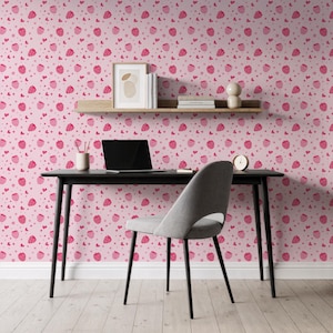 Strawberry Hearts Wallpaper, Pink Kids Room Decor, Nursery Wall Art, Playroom Wall Mural, Peel and Stick, Non-Adhesive, Removable