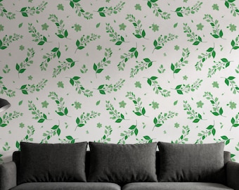 Green Botanical Leaf Wallpaper, Fresh Nature Wall Mural for Living Room, Modern Eco Style Home Decor, Peel and Stick or Traditional
