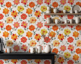 Papel pintado floral vintage, mural de pared retro de flores naranjas y amarillas, autoadhesivo o con pegamento, decoración de pared para guardería, habitación infantil o sala de juegos.