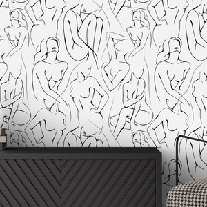 Körper Line Art Wallpaper Peel & Stick Abnehmbare, Weiche selbstklebende Wand, Frau Silhouette Zeichnung Line Design Wandbild Kreative Energie
