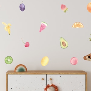 Colorful Fruits Watercolor Wall Decal Set - Nursery Decor Peel and Stick Mural Sticker for Kids Room, Boho Fruit Wall Art, Easy to Remove