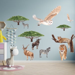 Safari Wall Stickers for Kids, Animal Wall Decals including Elephant, Bear, Rabbit, Bird, Jungle Nursery Decor, Watercolor Kids Room Decor